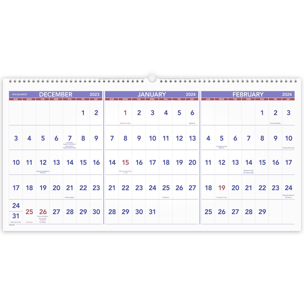 AT-A-GLANCE 3-Month Horizontal 15-Month Wall Calendar, 24in x 12in, December 2023 to February 2025, PM1428
