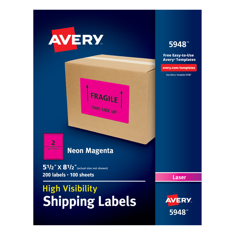 Avery High-Visibility Permanent Shipping Labels, 5948, 5 1/2in x 8 1/2in, Neon Magenta, Pack Of 200