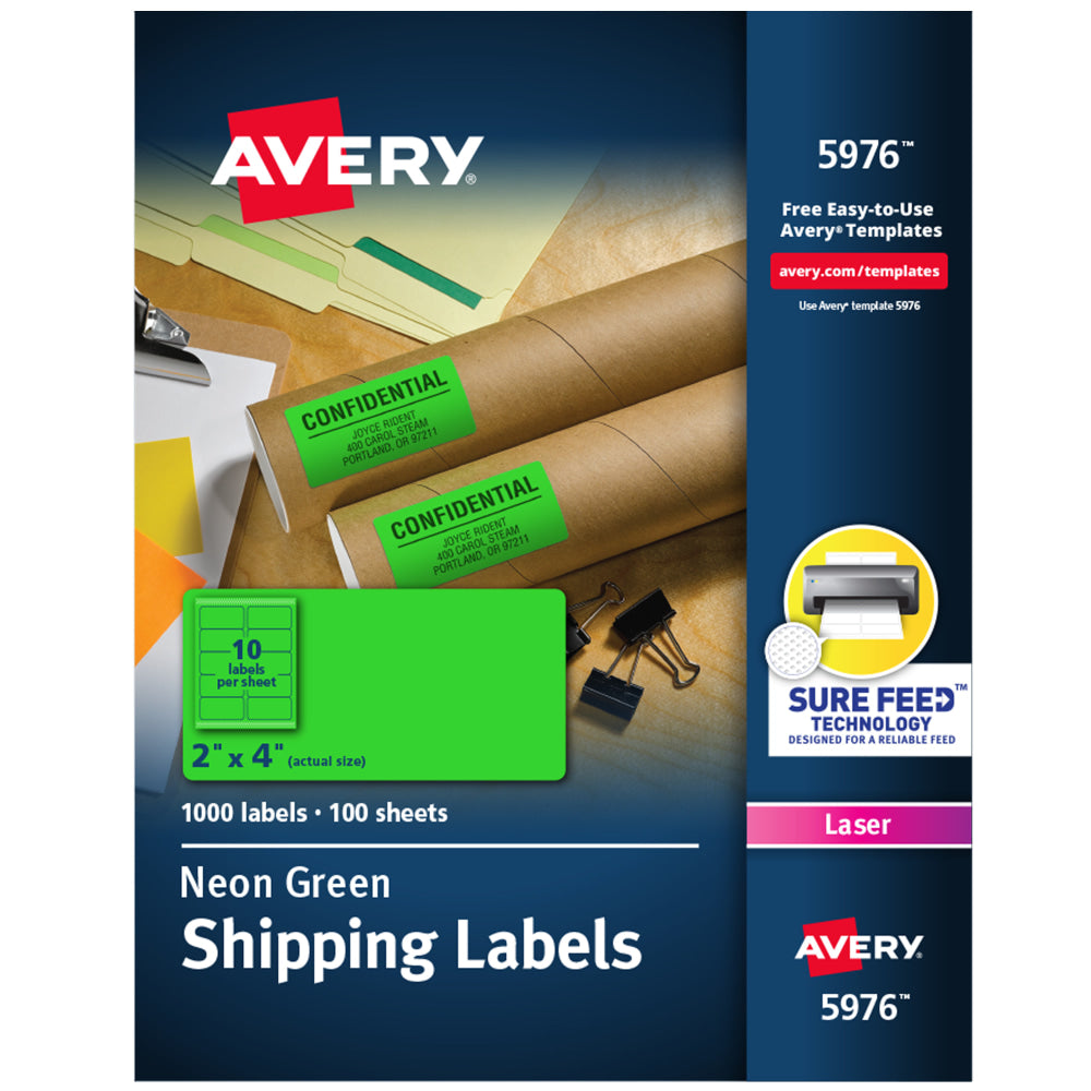 Avery High-Visibility Shipping Labels, AVE5976, 2in x 4in, Neon Green, Box Of 1000