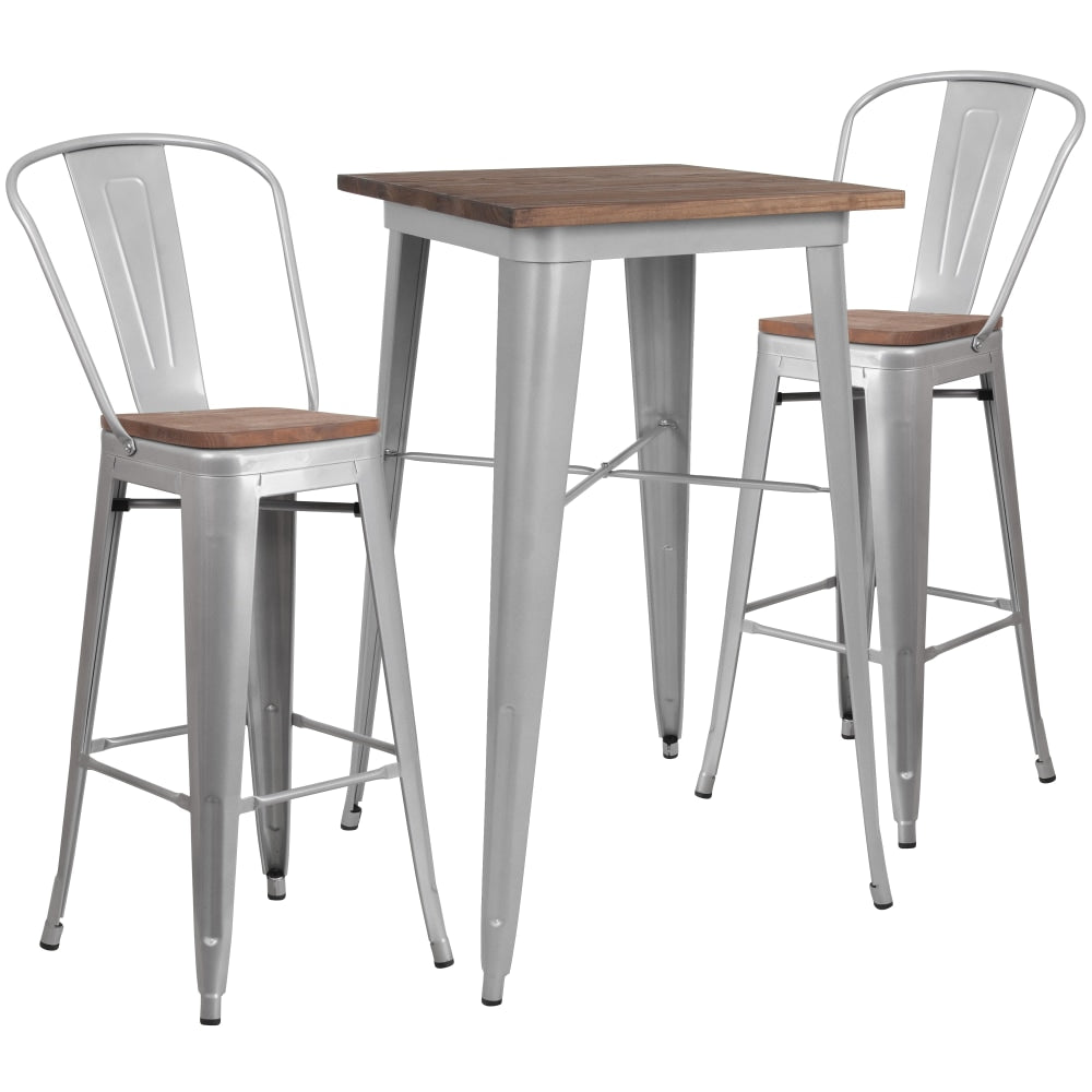 Flash Furniture Square Metal/Wood Bar Table With 2 Stools, 42in x 26in, Silver