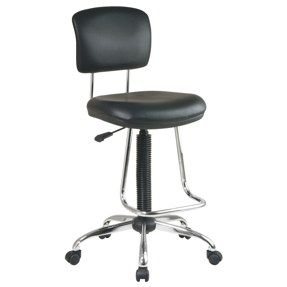 Chrome Finish Economical Chair with Teardrop Footrest.; Pneumatic Drafting Chair with Vinyl Stool and Back.; Height Adjustment 26in to 36in overall.; Heavy Duty Chrome Base with Dual Wheel Carpet Casters.;