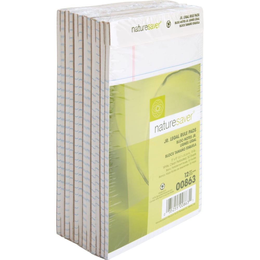 Nature Saver Jr. Rule Legal Pads, 5in x 8in, 50 Sheets, 100% Recycled, White, Pack Of 12