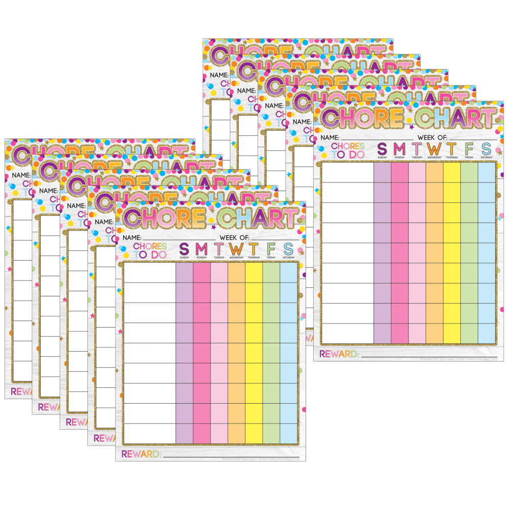 Ashley Productions Smart Poly PosterMat Pals Space Savers, 13in x 9-1/2in, Chores Confetti Style, Pack Of 10 Pieces