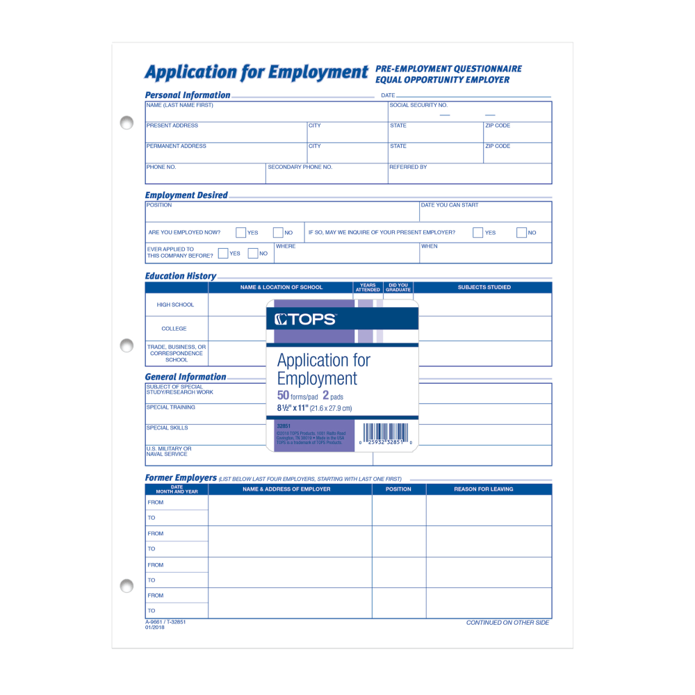 TOPS Employment Application Forms - 50 Sheet(s) - Gummed - 8.50in x 11in Sheet Size - White - White Sheet(s) - Black Print Color - 2 / Pack