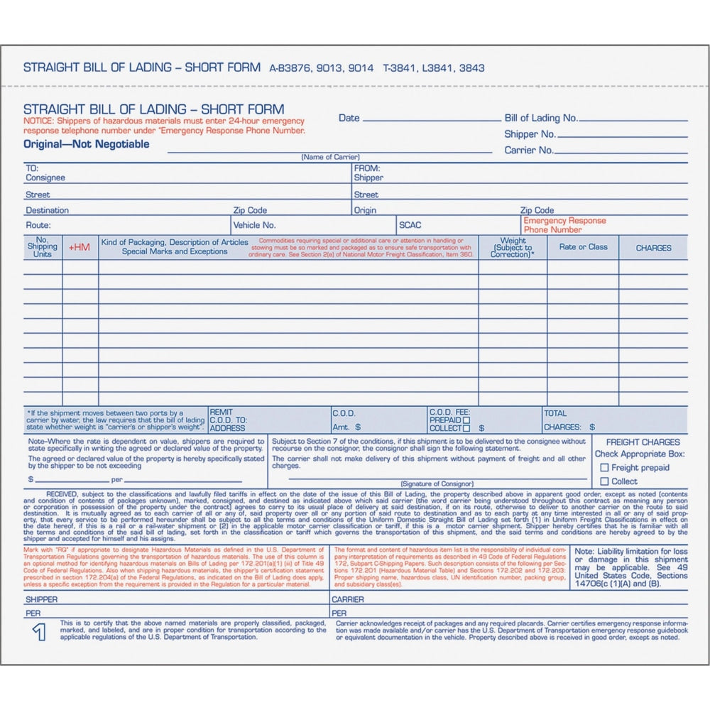 TOPS Bills of Lading Snap-Off Sets - 3 PartCarbonless Copy - 8.50in x 7.44in Sheet Size - White Sheet(s) - Blue, Red Print Color - 50 / Pack