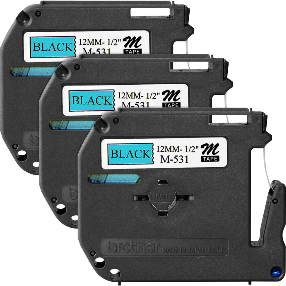Brother P-touch Nonlaminated M Series Tape Cartridge, 1/2inW x 26 1/5L , Rectangle, Blue, Black, 3 Per Bundle