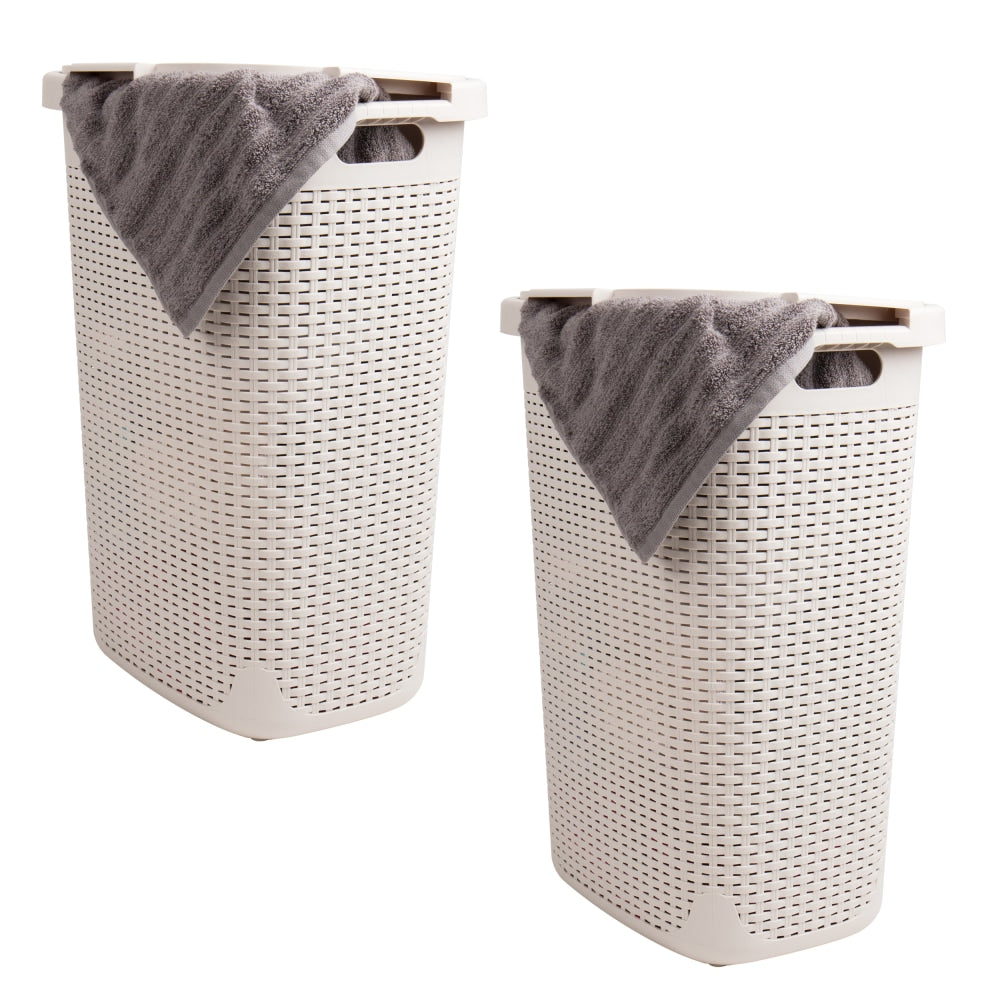 Mind Reader 60L Slim Laundry Hamper Clothes Basket with Lid, 24-3/20inH x 13-3/4inW x 17-13/20inL, Ivory, Set of 2