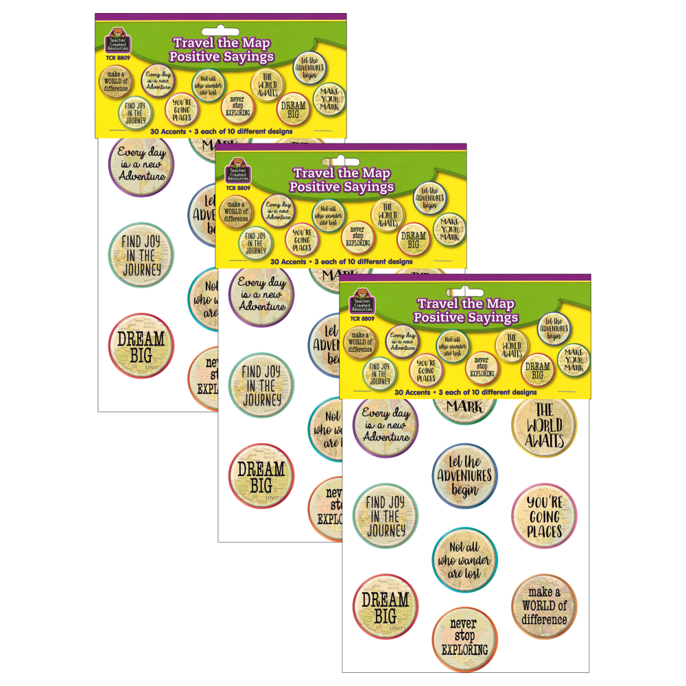 Teacher Created Resources Accents, Travel the Map Positive Saying, 30 Pieces Per Pack, Set Of 3 Packs