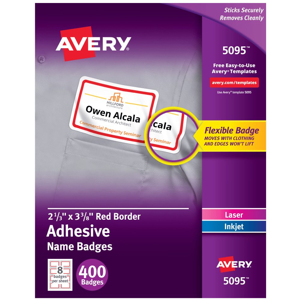 Avery Flexible Name Badge Labels, 2 1/3in x 3 3/8in, White With Red Border, Box Of 400