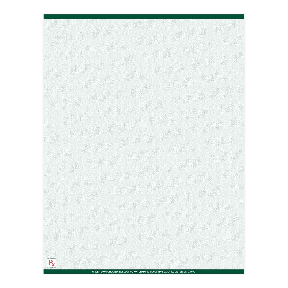 Medicaid-Compliant High-Security Perforated Laser Prescription Forms, Full Sheet, 1-Up, 8-1/2in x 11in, Green, Pack Of 500 Sheets