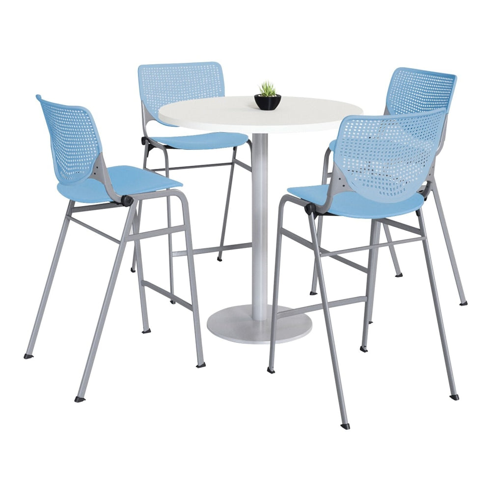KFI Studios KOOL Round Pedestal Table With 4 Stacking Chairs, 41inH x 36inD, Designer White/Sky Blue