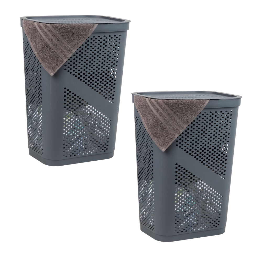 Mind Reader 60L Slim Laundry Hamper Clothes Basket Ventilated with Lid, 23-1/2inH x 13-3/4inW x 17-1/4inL, Gray, Set of 2