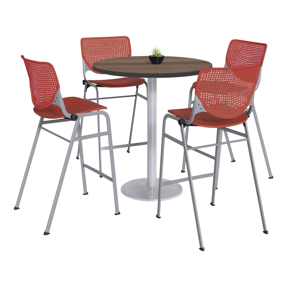 KFI Studios KOOL Round Pedestal Table With 4 Stacking Chairs, 41inH x 36inD, Studio Teak/Coral Orange