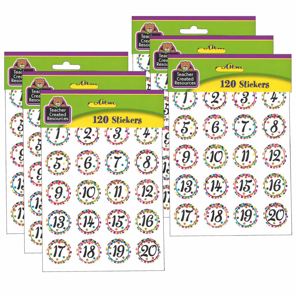 Teacher Created Resources Stickers, Confetti Numbers, 120 Stickers Per Pack, Set Of 6 Packs