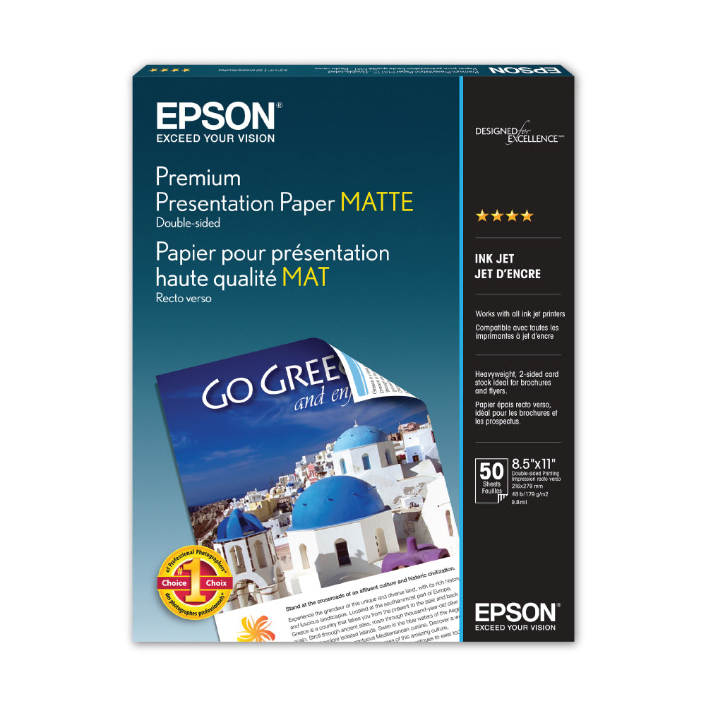 Epson Double-Sided Premium Presentation And Photo Paper, Letter Size (8 1/2in x 11in), Pack Of 50 Sheets, 47 Lb, Matte White