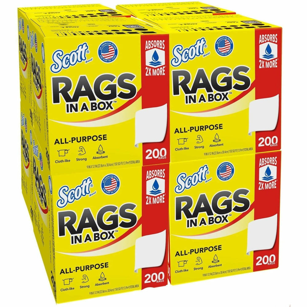 Scott Rags In A Box - 13in Length x 10in Width - 200 / Box - 8 / Carton - Soft, Strong, Lint-free, Absorbent - White