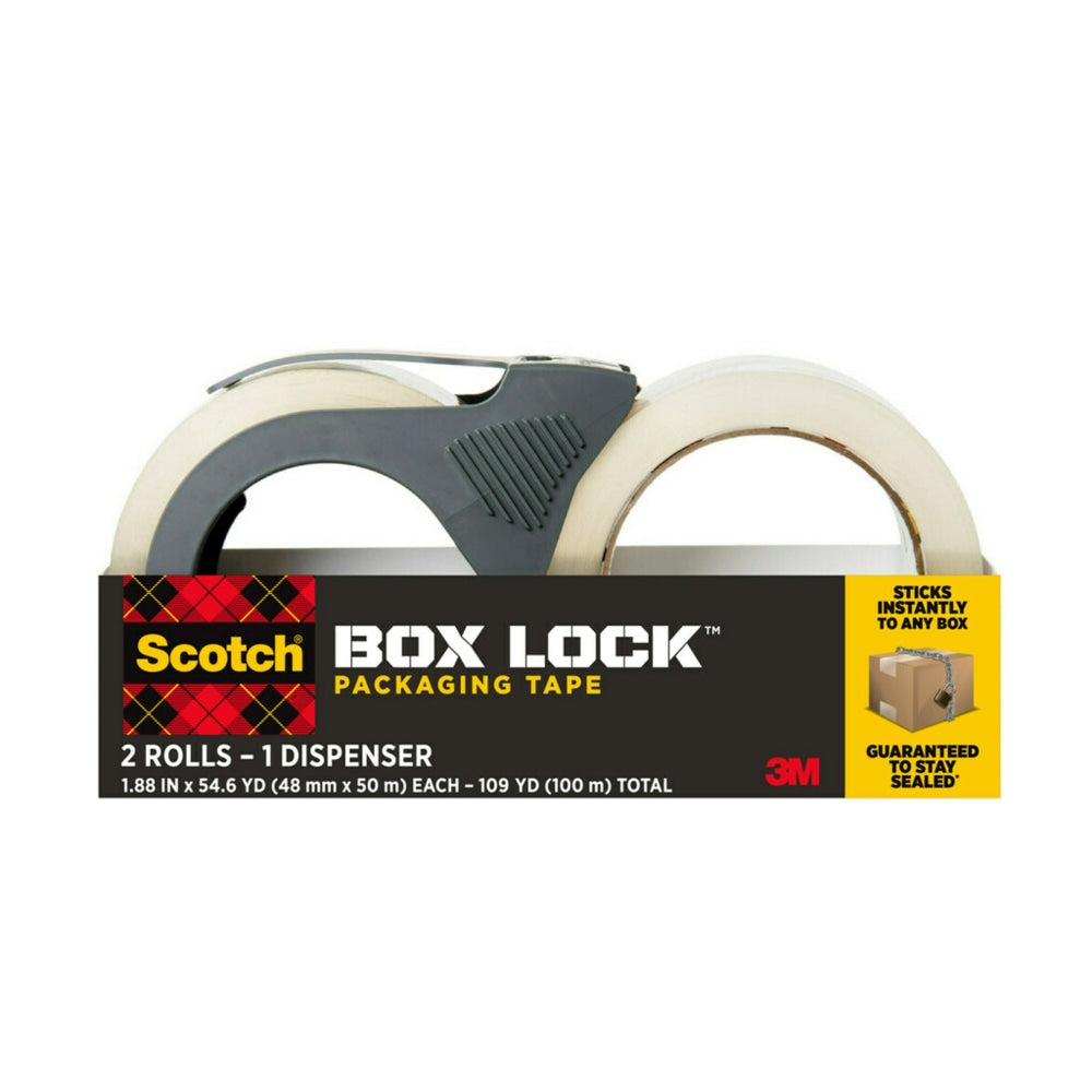 Scotch Box Lock Packing Tape, 1.88in x 54.6 yd, 2 Tape Rolls with Dispensers, Extreme Grip Box Packaging Tape for Shipping and Mailing