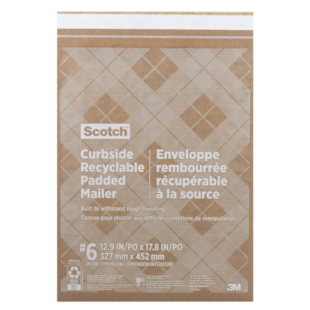Scotch Padded Mailers, Size 6, 12-1/2in x 17-1/2in, Kraft, Pack Of 25 Mailers