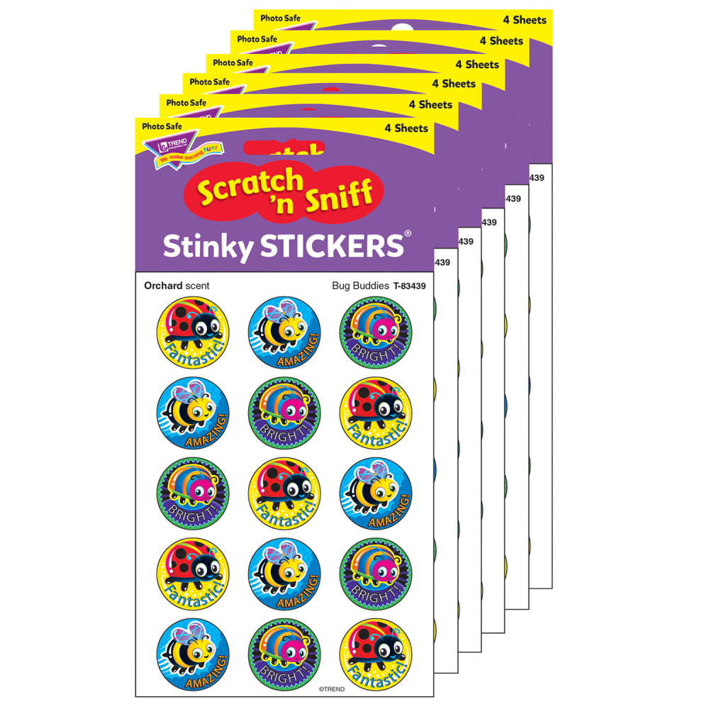Trend Stinky Stickers, 1in, Bug Buddies/Orchard, 60 Stickers Per Pack, Set Of 6 Packs