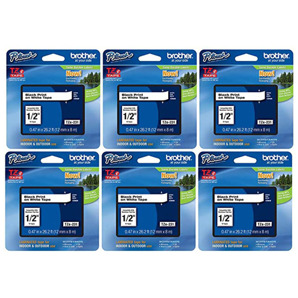 Brother P-Touch TZe-231 Label Tape, 1/2in x 26-1/4ft, White/Black, Pack Of 6 Rolls