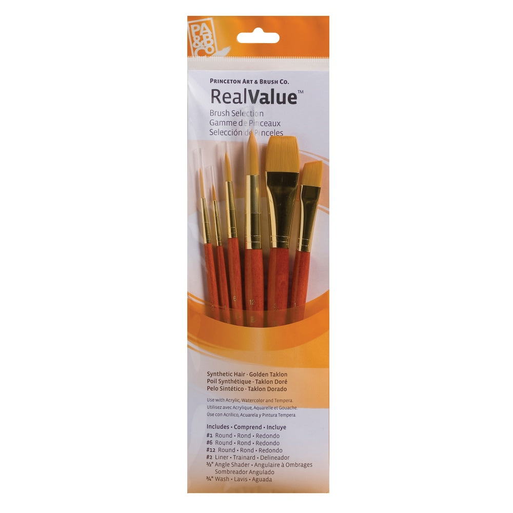 Princeton Real Value Series 9153 Brush Set, Assorted Sizes, Synthetic, Orange, Set Of 6