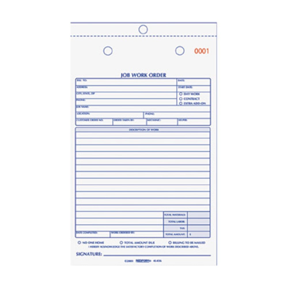 Rediform 2-Part Job Work Order Book, 2 Part, 5-1/2in x 8-1/2in, 50 Sheets, Blue/Red