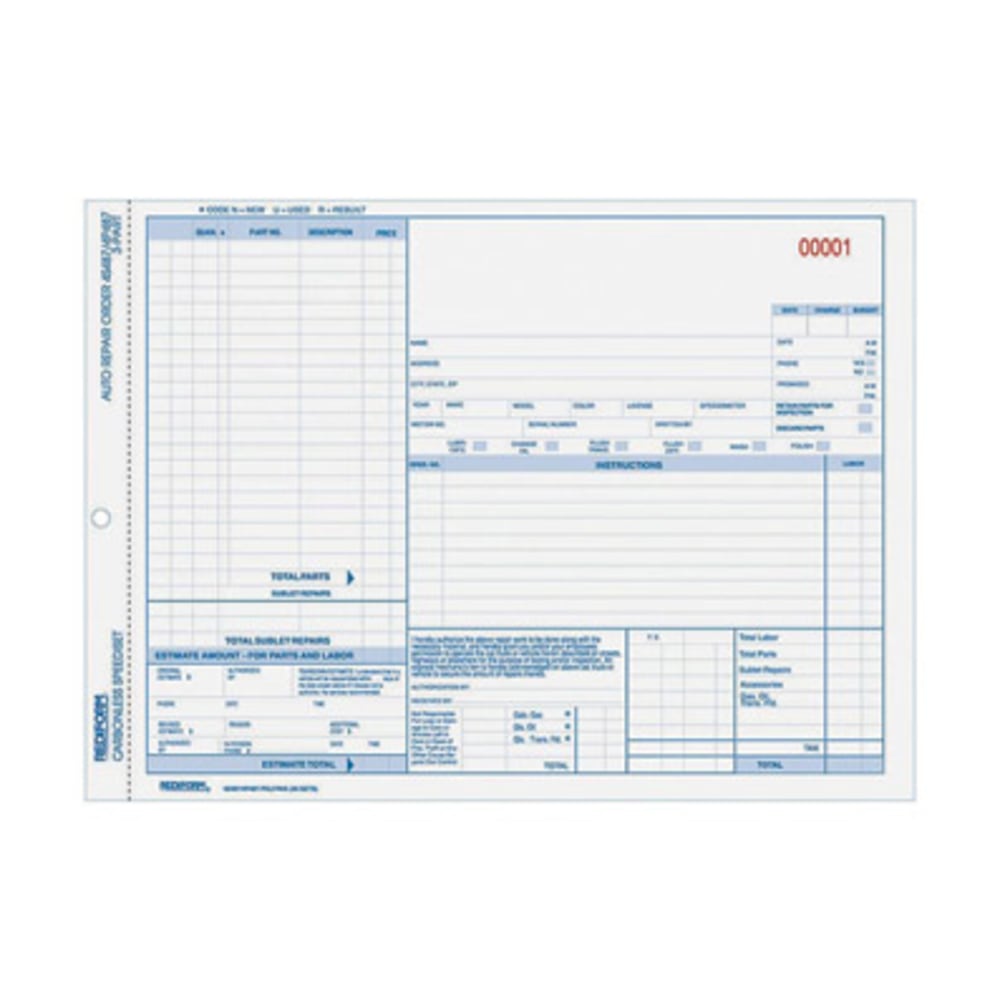 Rediform 3-part Auto Repair Order Forms - 3 PartCarbonless Copy - 11in x 8 1/2in Sheet Size - Assorted Sheet(s) - Blue Print Color - 50 / Pack