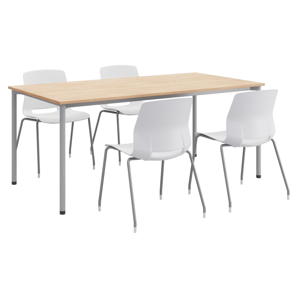 KFI Studios Dailey Table Set With 4 Sled Chairs, Natural/Silver Table/White Chairs