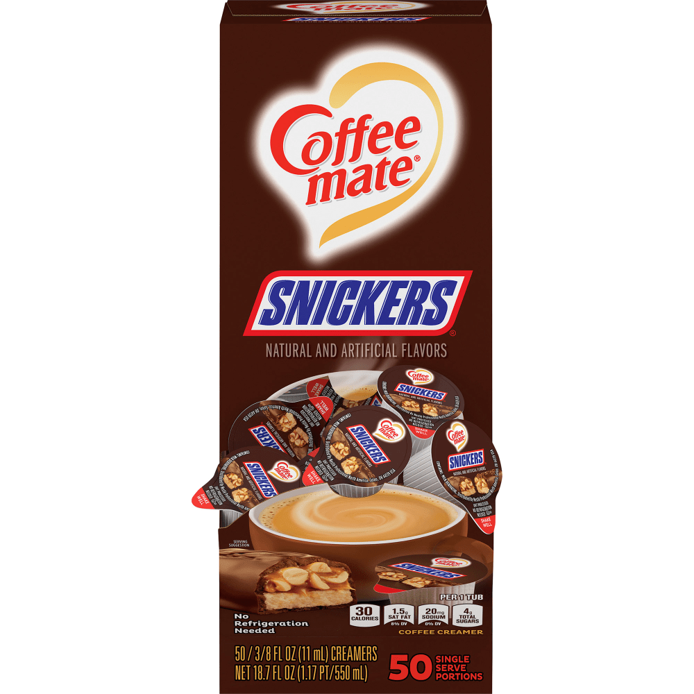 Coffee-Mate Liquid Coffee Creamer Tub Singles, 0.38 Oz, Snickers Flavor, Pack Of 50 Singles