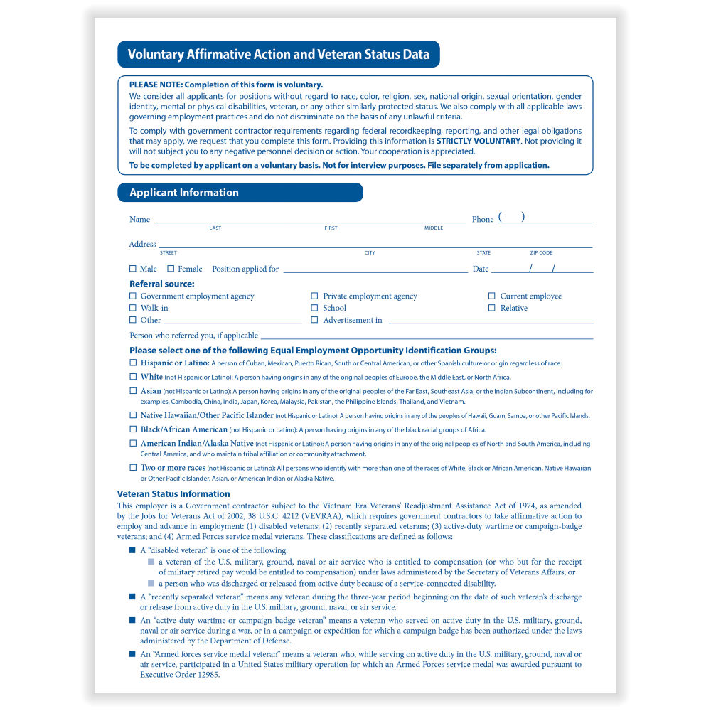 ComplyRight Voluntary Affirmative Action And Veteran Status Data Forms, 8-1/2in x 11in, Pack Of 25 Forms