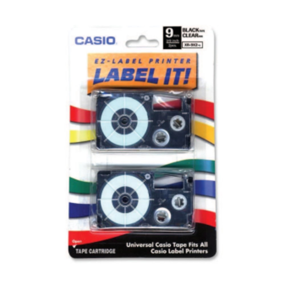 Casio XR9X2S Black-On-Clear Tapes, 0.38in x 26ft, Pack Of 2