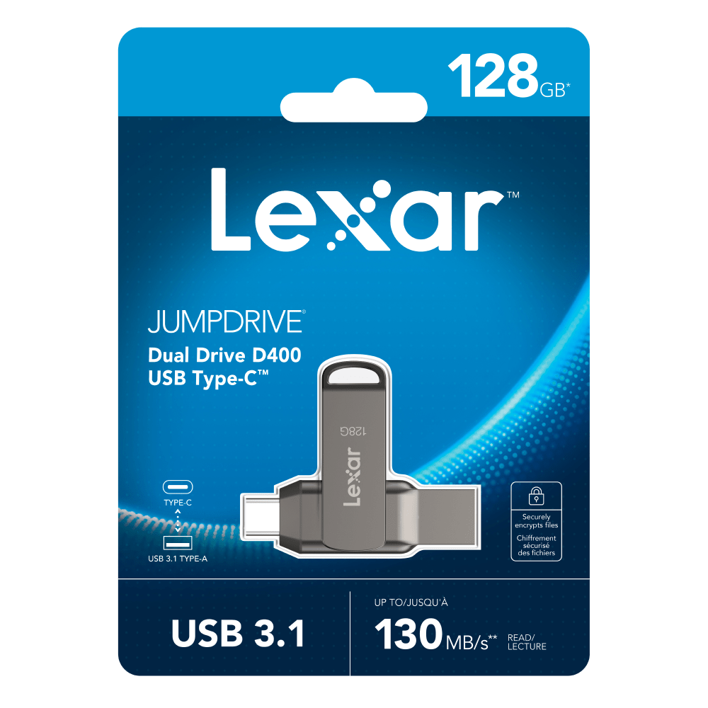 Lexar JumpDrive Dual Drive D400 USB 3.1 Type-C USB Drive, 128GB, Silver