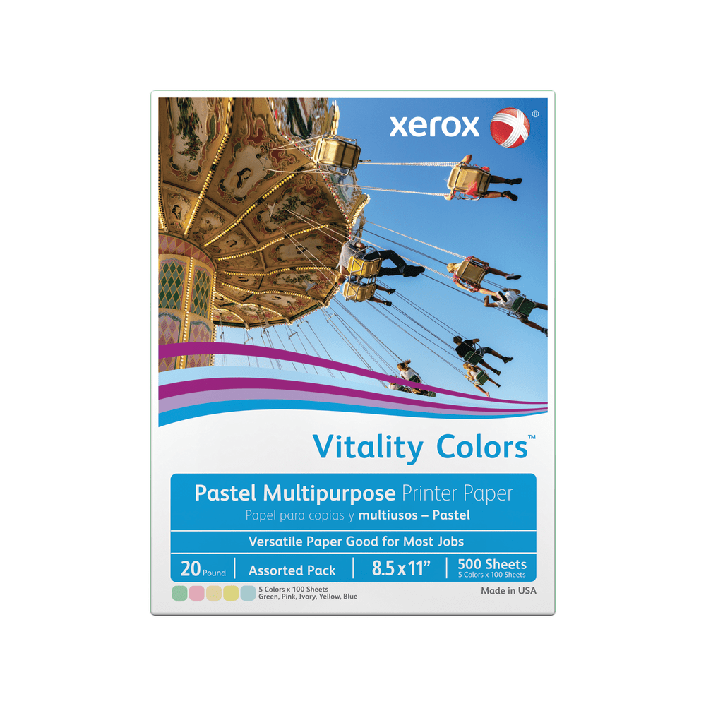 Xerox Vitality Colors Color Multi-Use Printer & Copy Paper, Assorted Pastels, Letter (8.5in x 11in), 500 Sheets Per Ream, 20 Lb, 30% Recycled