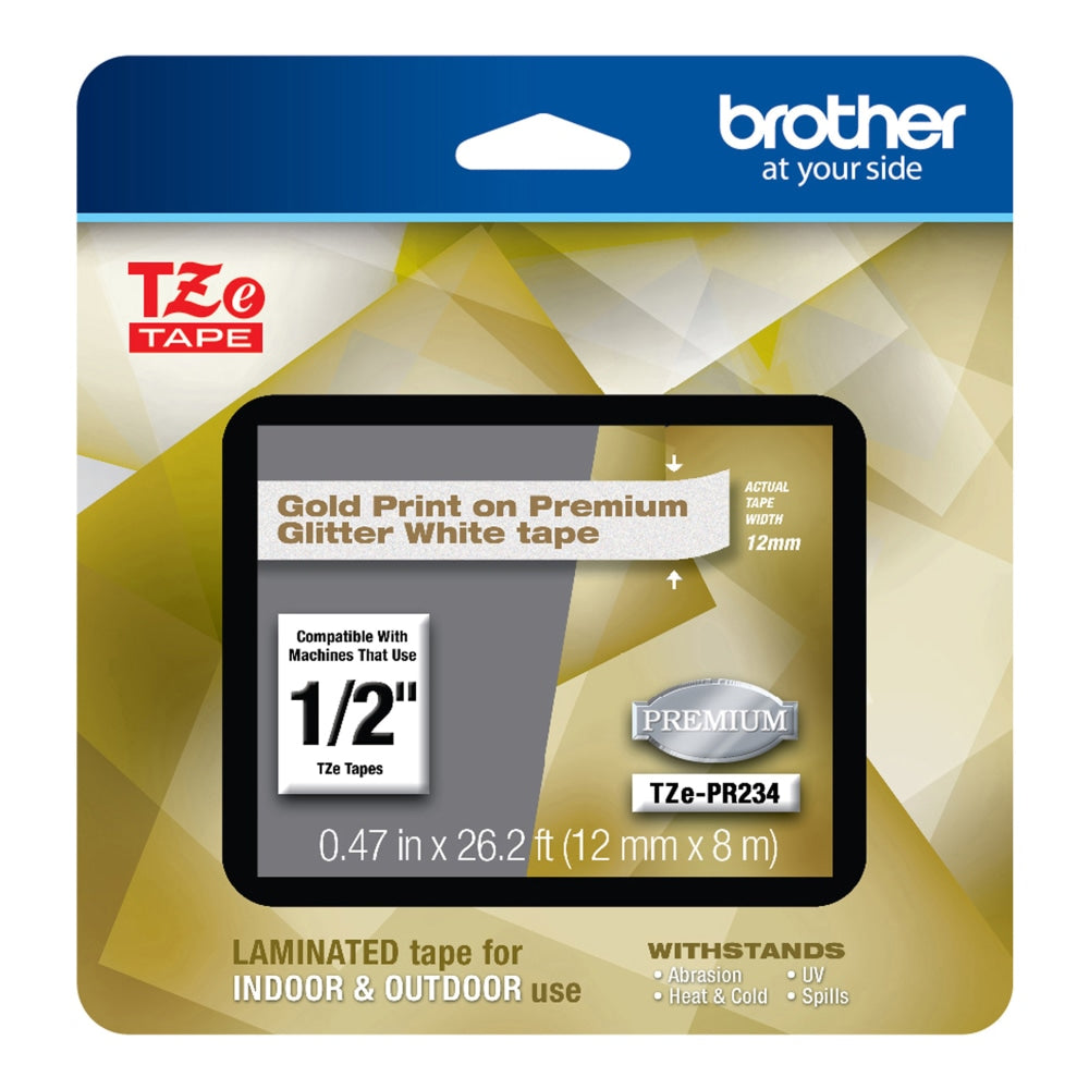 Brother TZe Premium Glitter Laminated Tape, 1/2in x 26-3/16ft, Gold Ink/White Tape