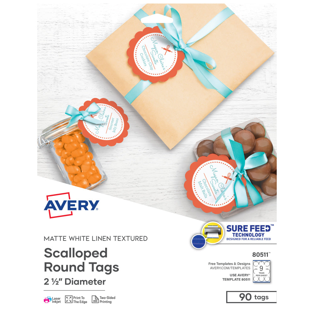 Avery Printable Textured Scallop Round Tags, 2 1/2in diameter, White, Pack of 90