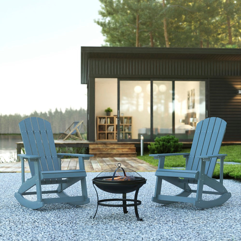 Flash Furniture Savannah All-Weather Poly Resin Wood Adirondack Rocking Chairs With 22in Round Fire Pit, 39-1/2inH x 29-1/2inW x 37-3/4inD, Sea Foam
