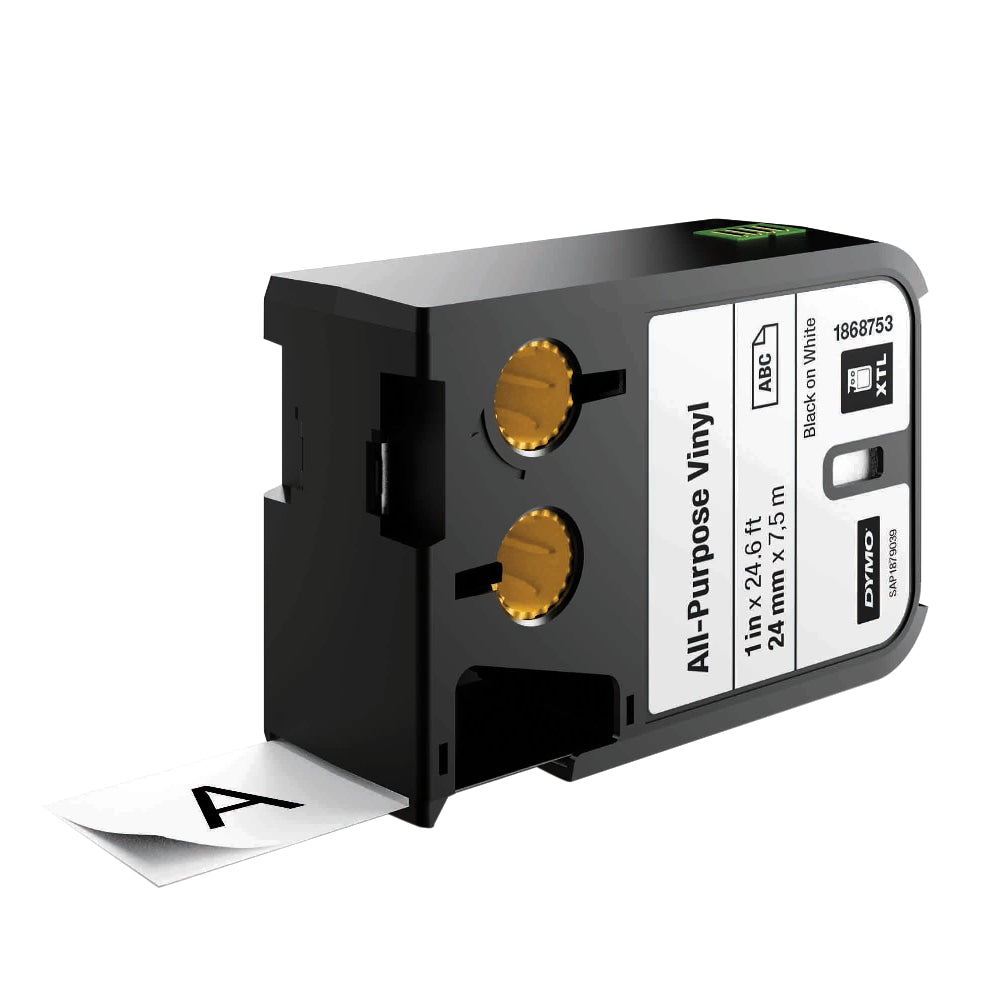 DYMO XTL All-Purpose Vinyl Label Cartridge, 1868753, 1in x 24 5/8ft Roll, Black/White