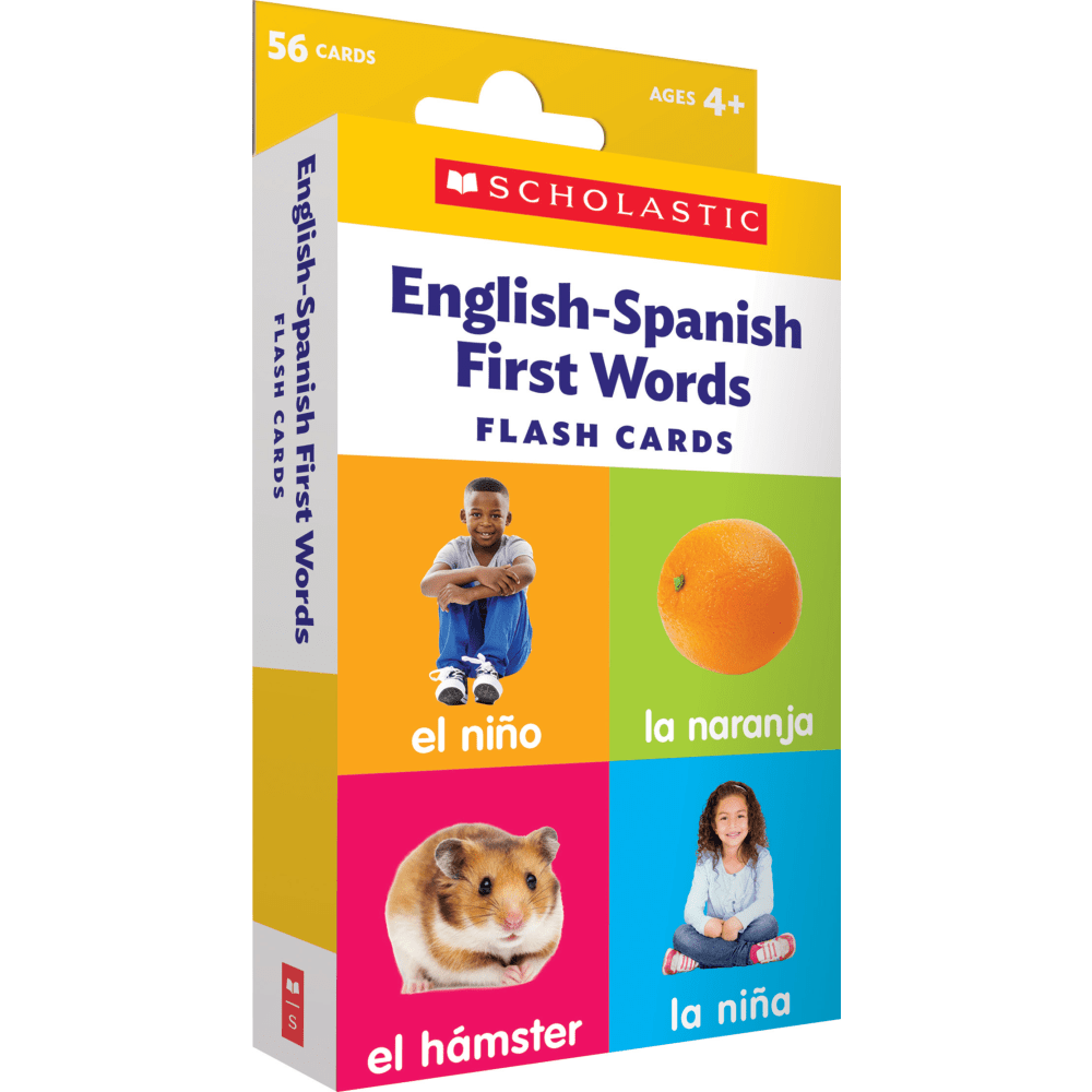 Scholastic English-Spanish First Words Flash Cards, 6-5/16inH x 3-7/16inW, Pre-K, Pack Of 56 Cards