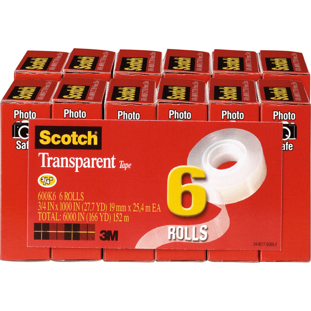 Scotch Transparent Tape, 0.75in x 83.34ft, Clear, Pack Of 12 Rolls