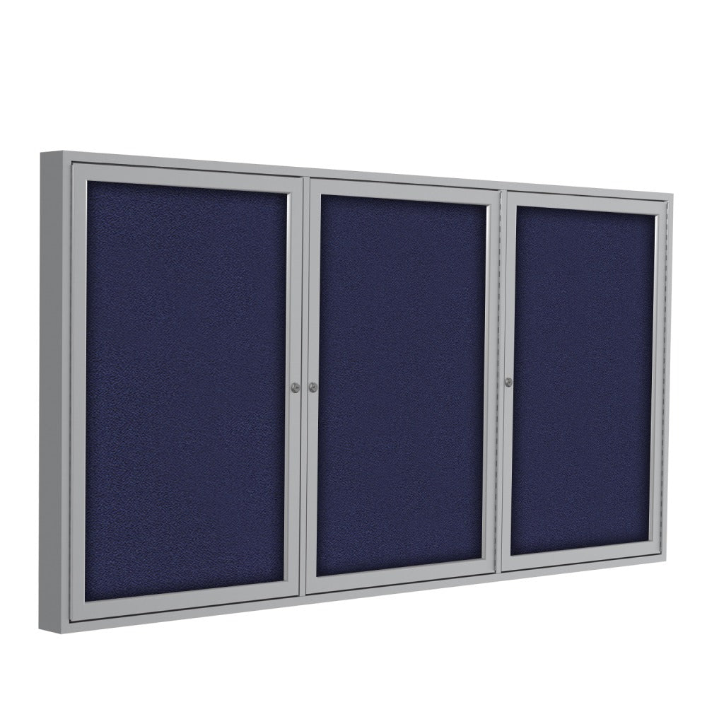Ghent Traditional 3-Door Enclosed Fabric Bulletin Board, 48in x 96in, Blue, Satin Aluminum Frame