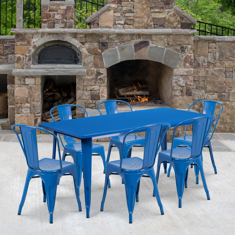 Flash Furniture Commercial-Grade Rectangular Metal Table Set With 6 Stack Chairs, 29-1/2inH x 31-1/2inW x 63inD, Blue