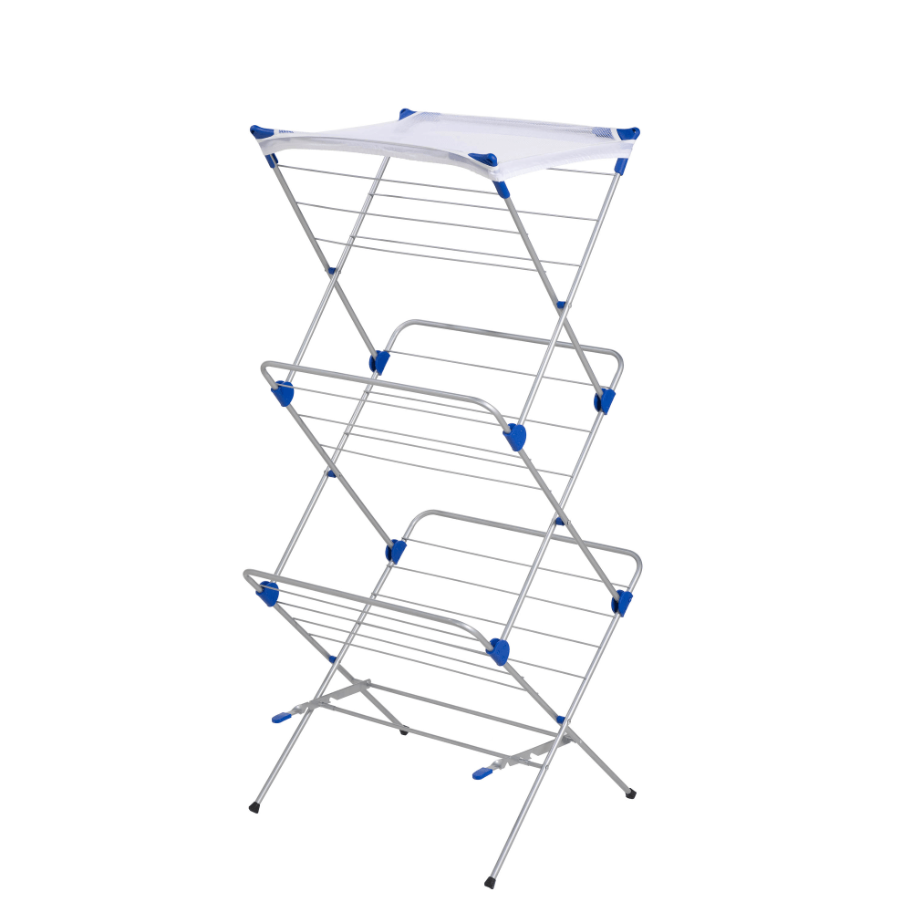 Honey-Can-Do 3-Tier Mesh-Top Drying Rack, 59 1/4inH x 17inW x 23 1/2inD, Silver/Blue