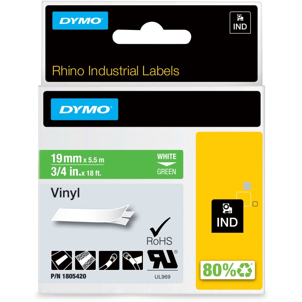 DYMO Colored 3/4in Vinyl Label Tape, DYM1805420, Permanent Adhesive, 3/4inW x 18 ft Length, Vinyl, Thermal Transfer, White/Green