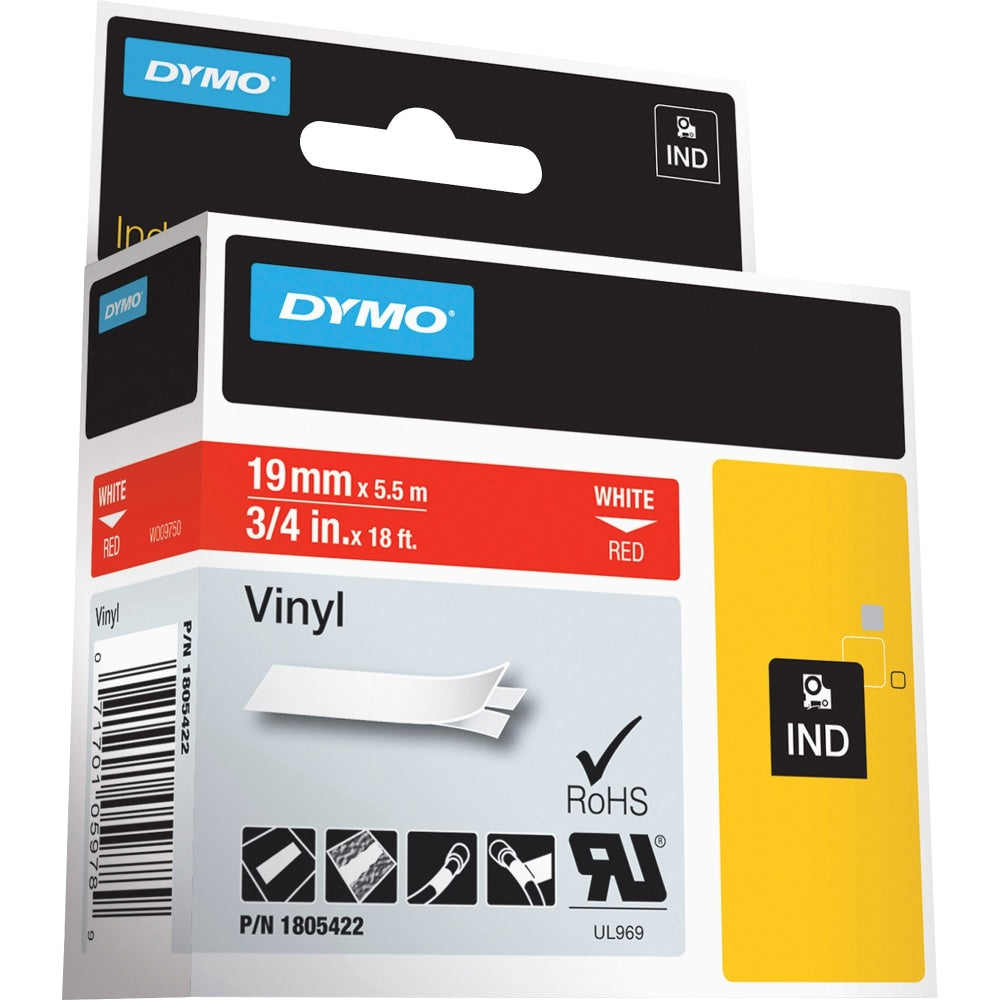DYMO Colored 3/4in Vinyl Label Tape, DYM1805422, Permanent Adhesive, 3/4inW x 18 3/64 ft Length, Rectangle, Thermal Transfer, Red/White
