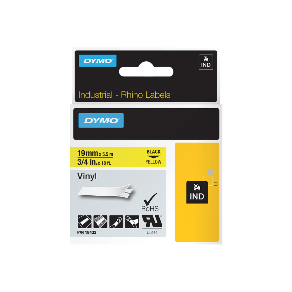 DYMO Colored Industrial Rhino Vinyl Labels, 3/4inW x 18 3/64L , Rectangle, Black on Yellow