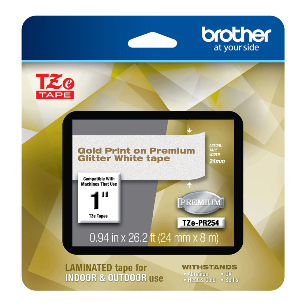 Brother TZe Premium Glitter Laminated Tape, 15/16in x 26-3/16ft, Gold Ink/White Tape