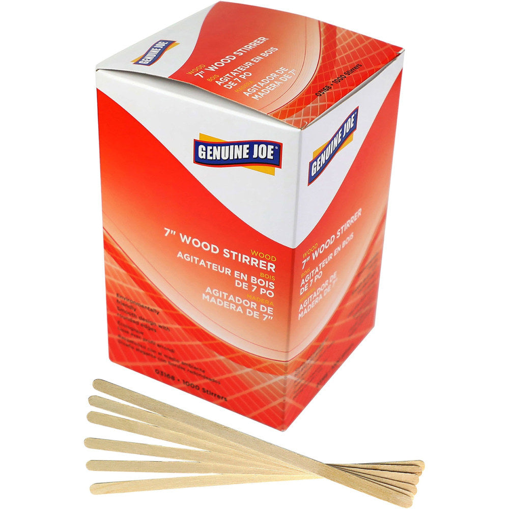 Genuine Joe Wooden Stirrers - 7in Length - Wood - 1000 / Box - Woodgrain