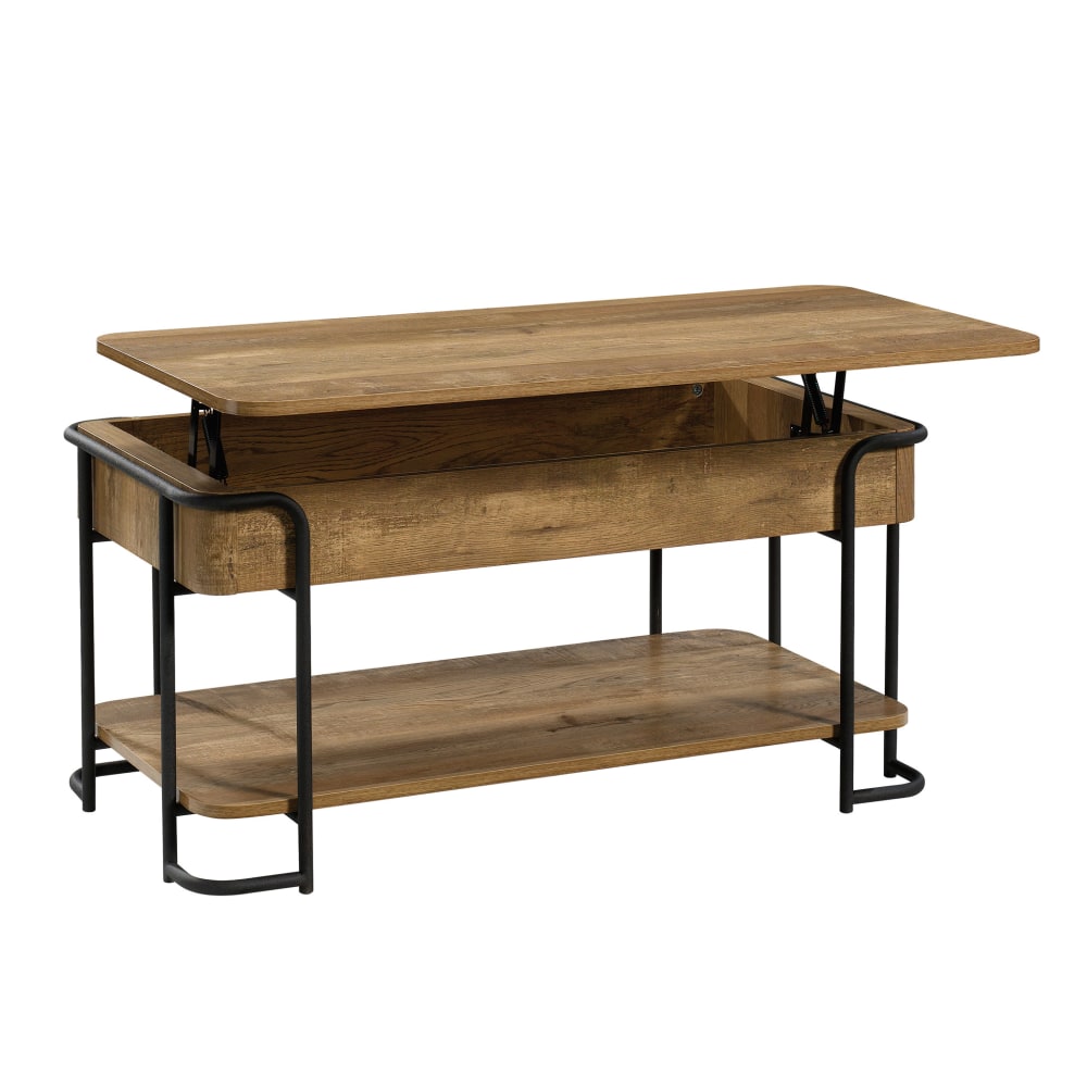 Sauder Station House Collection Industrial-Styled Metal & Wood Lift-Top Coffee Table, 18-1/4inH x 39-3/8inW x 19-5/8inD, Etched Oak/Black
