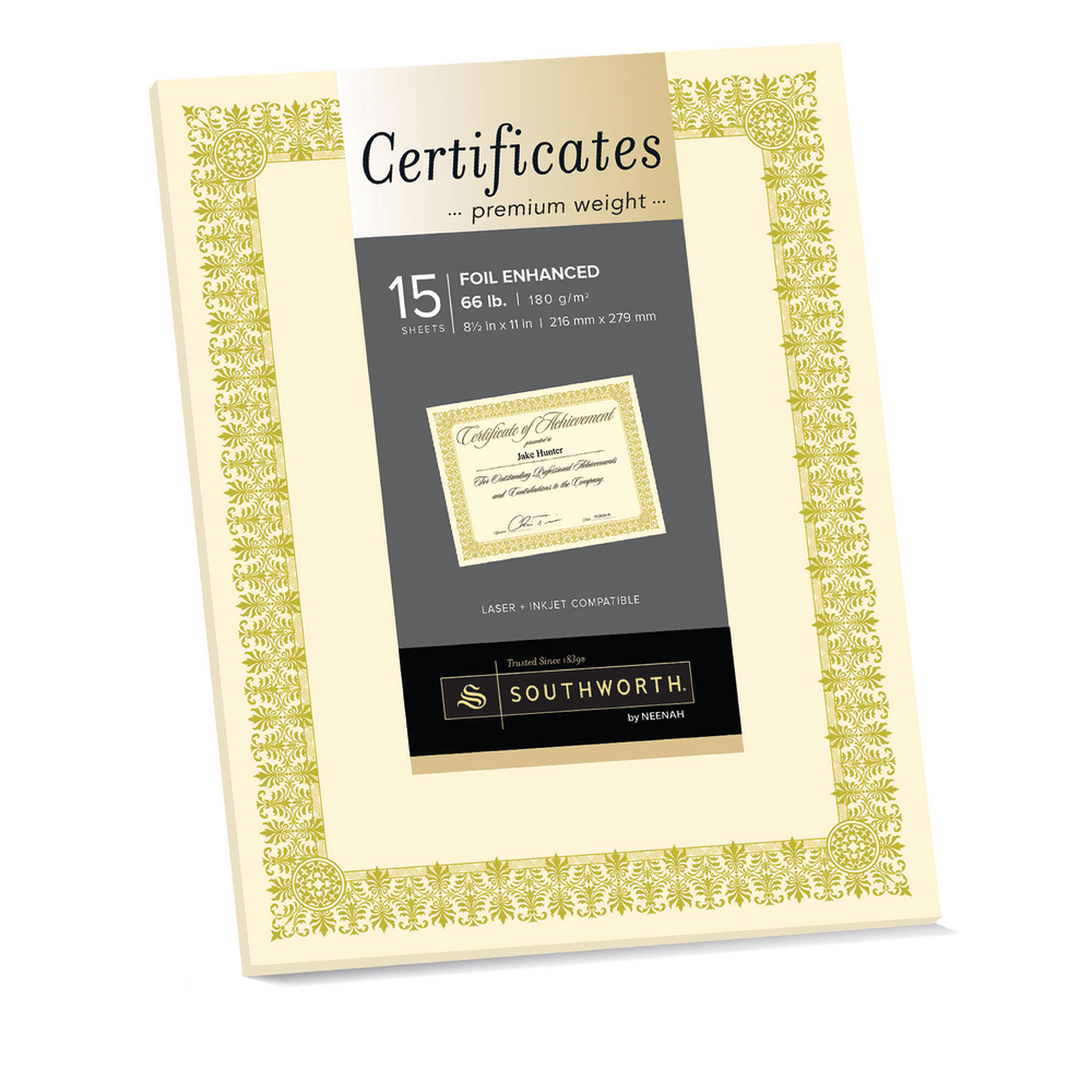 Southworth Premium Foil Certificates, 8 1/2in x 11in, 66 Lb, Ivory/Gold Foil Fleur, Pack Of 15