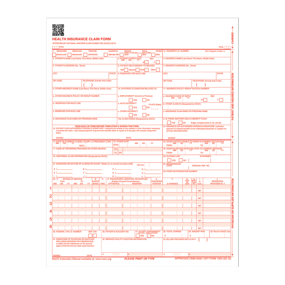 Adams Health Insurance Claim Forms, 8 1/2in x 11in, White, Pack Of 250